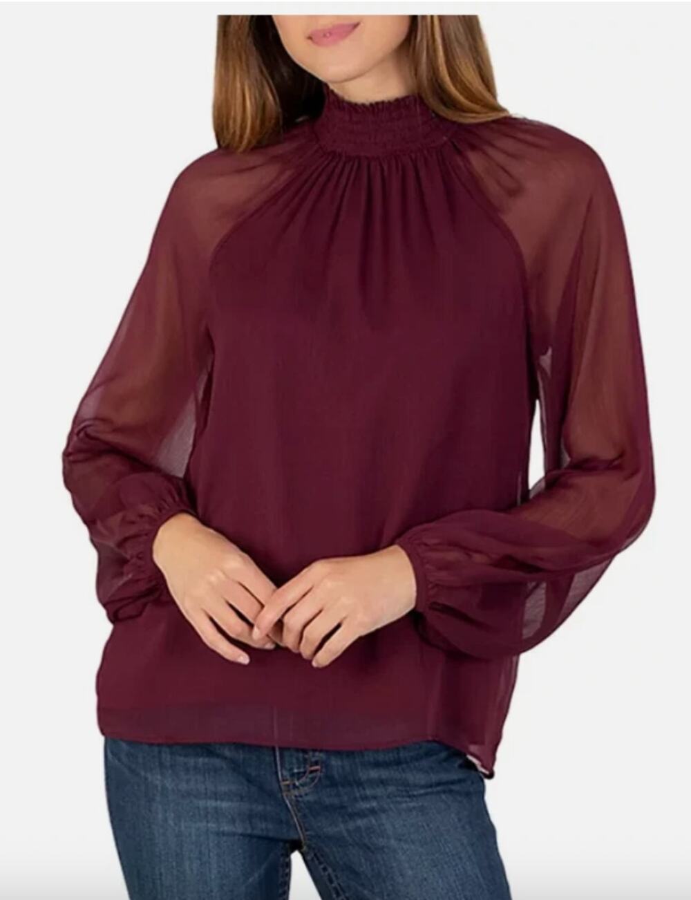 Joie Sheer Burgundy Puff Sleeve Turtleneck Blouse Size Medium